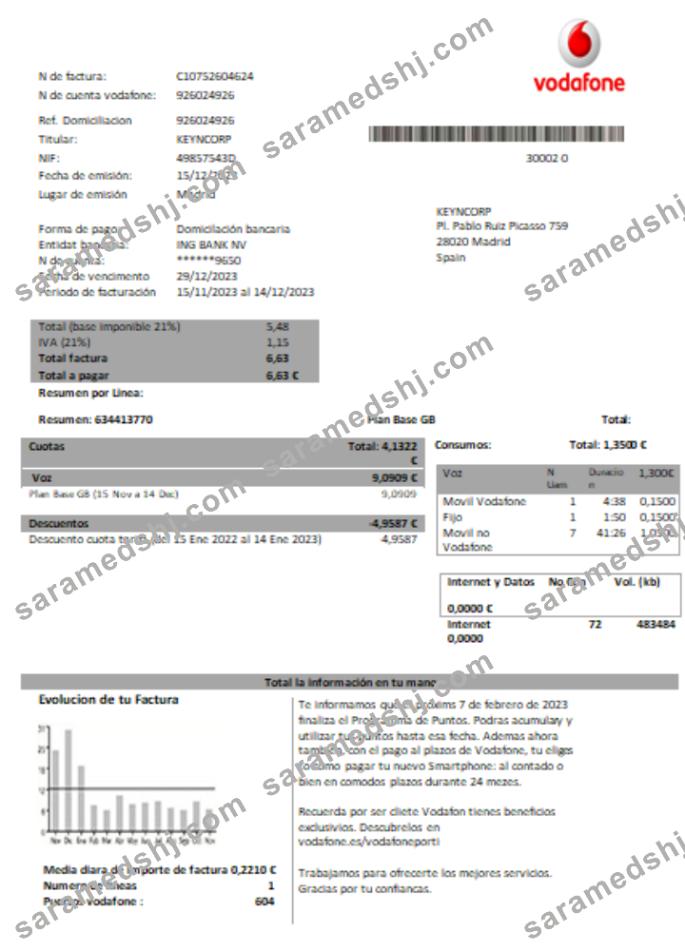 Vodafone telecommunications utility business bill, Word and PDF template SCR